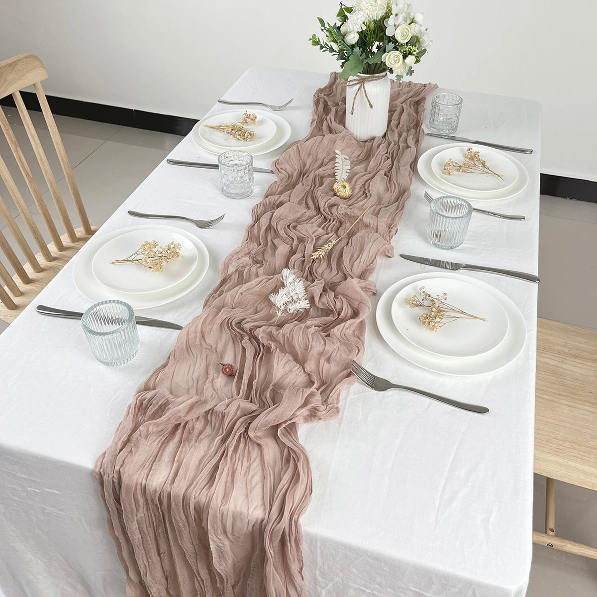 40x275cm Wedding Pink Gauze Table Runner Semi-Sheer Cheesecloth Table Setting Dining Party Christmas Banquets Arches Cake Dec