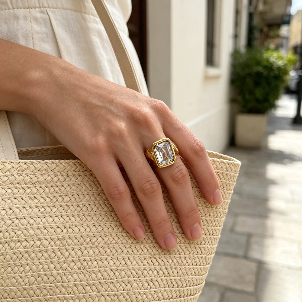 E.B.belle Gold Plated Deep-patterned Square Zircon Ring Simple Statement With Irregular Design Tarnish Free Women's Jewelry