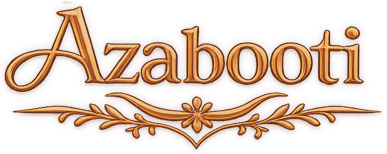 The brand name 'Azabooti' is displayed in a stylized, metallic bronze-gold cursive font with an ornate decorative flourish underneath, set against a solid white background.