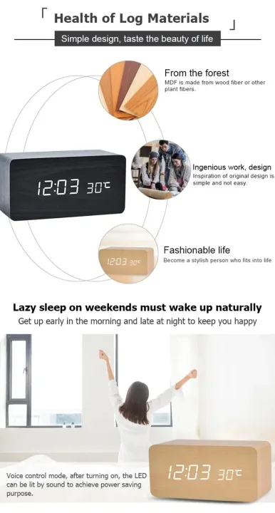 Wooden Digital Alarm Clock  LED Table Clock with Temperature for Bedroom Office Desk Decorations