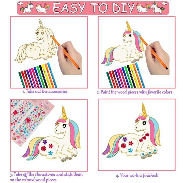 386Pcs Unicorn Wood Craft Set with 18Pcs Unicorn Wood, 354 Rhinestones, 12 Colored Pencils, 2 Stickers, Boys/Girls DIY Crafts