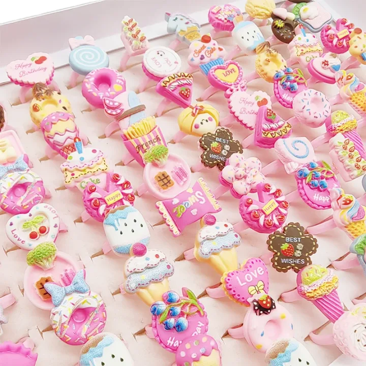 30/100pcs/Lot Wholesale New Cute Kids Finger Rings Party Pink Candy Ice Cream Donuts Cake Child Jewelry Open Adjust Gifts Girls