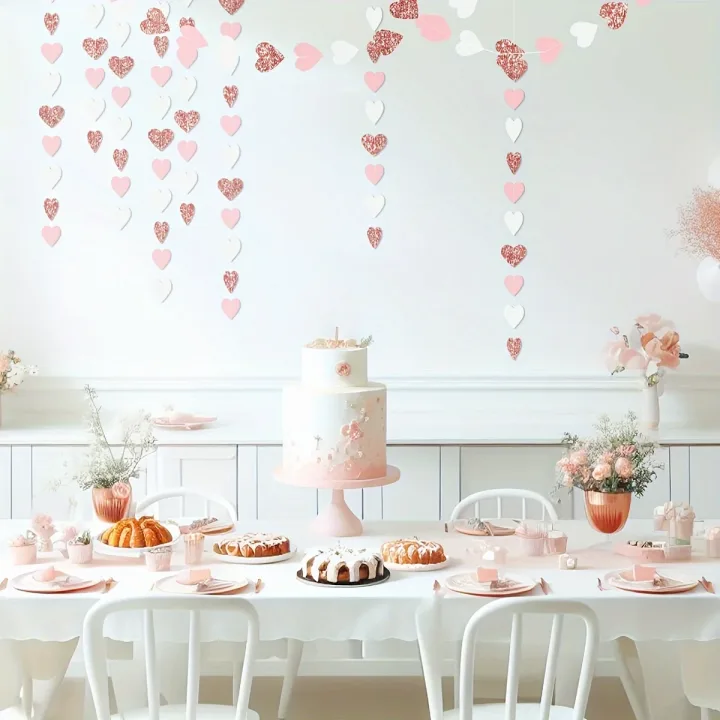 1pc Rose-Golden Pink White Party Decorations - Paper Heart Streamers Garland Galentines Valentines Day Decorations
