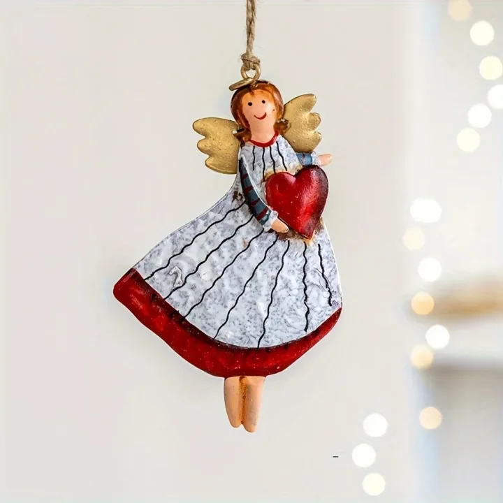 Set of 4 Vintage Angel Hanging Decorations – Fantasy Wooden Xmas Tree Decor, Lightweight, No Power Needed