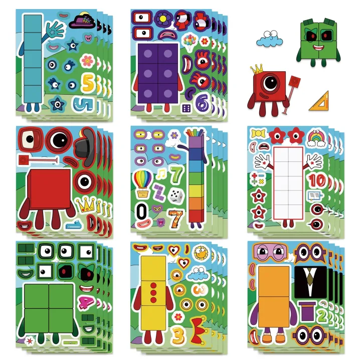 8 Sheets Cute Digital Blocks Puzzle Stickers for Children Cartoon Make a Face Laptop Notebook Stationery Stickers