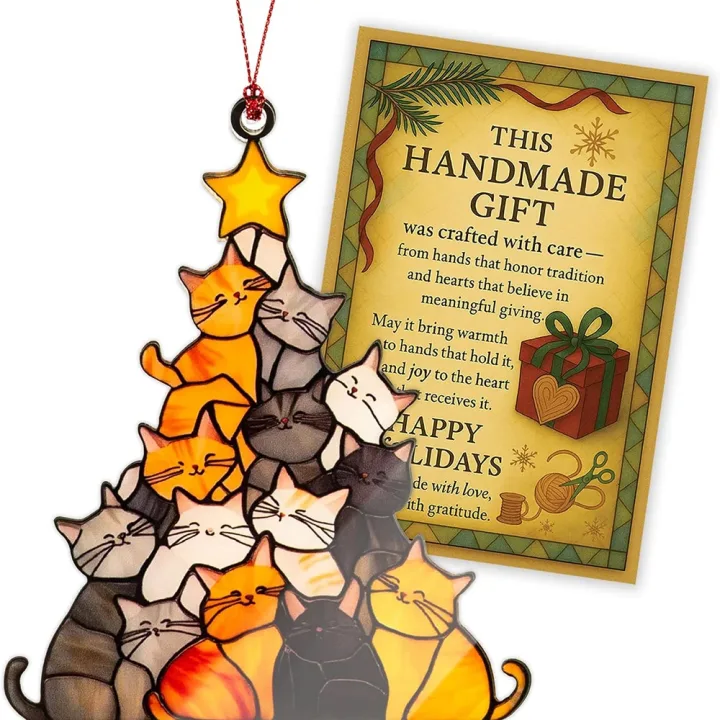 9cm Cat Christmas Tree Suncatcher Ornament Cute Cat Lover Gifts Women Funny Christmas Decorations Black Orange Decor Hanging