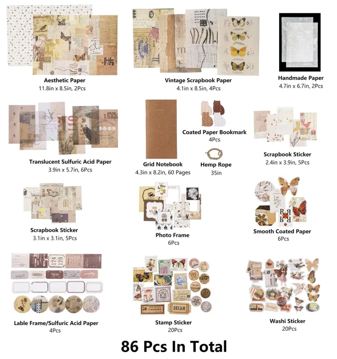 Simno Vintage Scrapbooking Kit with Quote Stickers TN Notebook Paper Set - for Bullet Junk Journals, Planners Craft Collage