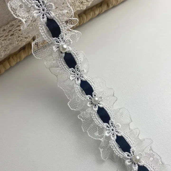 1 Yard Lolita lace Lvory Bead Ruffled Lace Fabric Edging Satin Ribbon DIY Clothing Curtains Furniture Decorations 3.5cm Wide