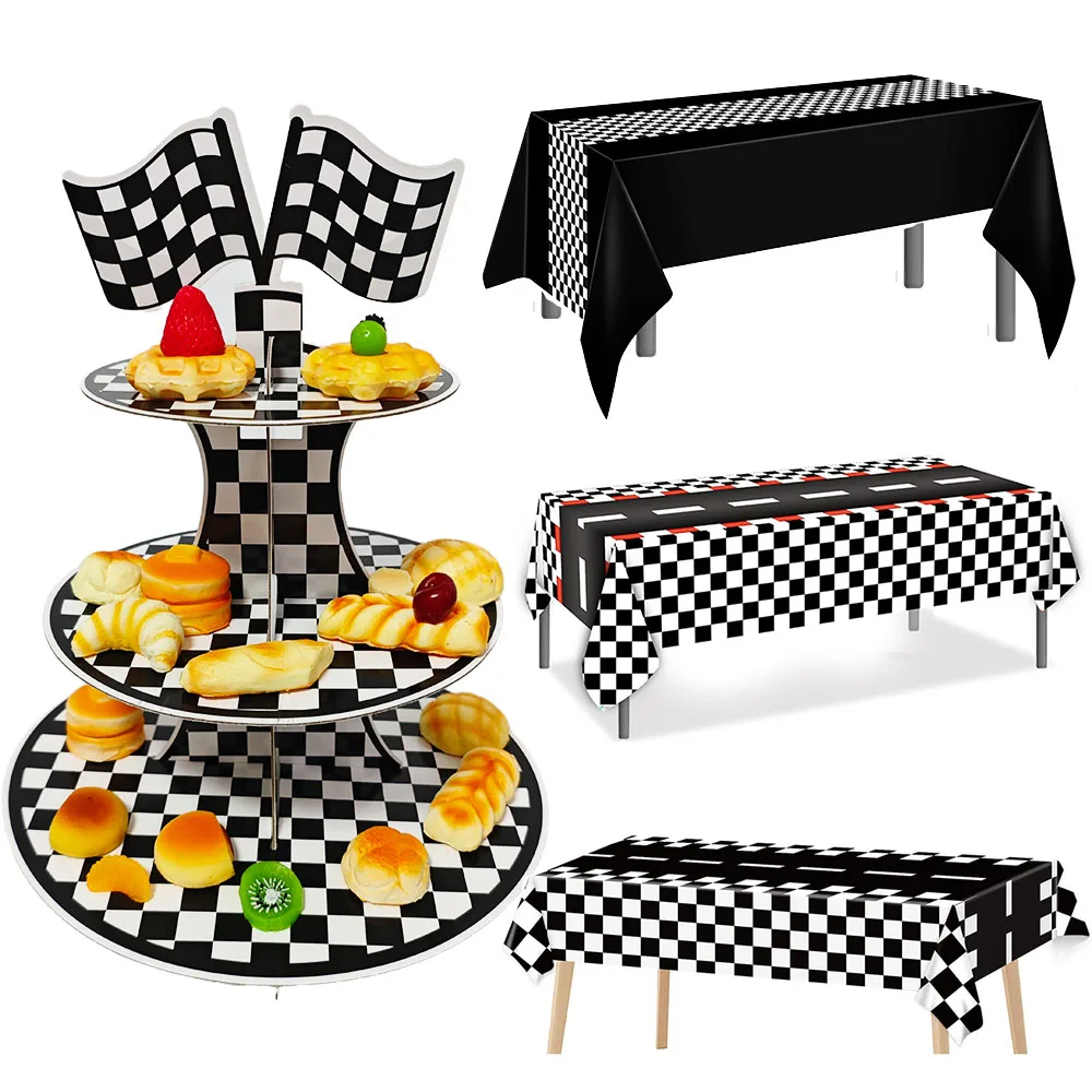 Racing Car Theme 3-Tier Round Cardboard Cupcake Stand Cars Birthday Party Tablecloth Black and White Checkered Decor Supplies