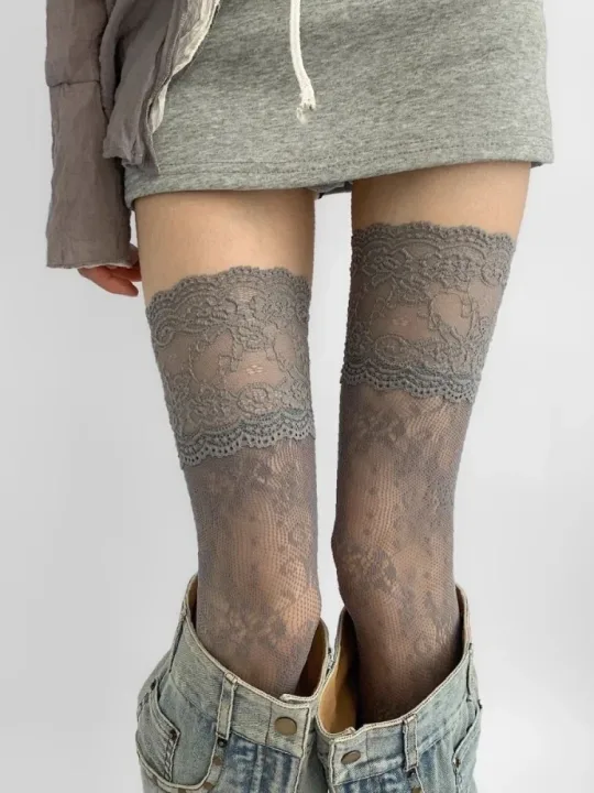 Women's Sexy Lace Trim Nylon Fishnet Stockings Retro Floral Sweet Mesh Breathable Thigh High Long Socks JK Over The Knee Socks