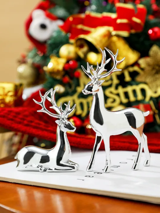 2 Pcs Christmas Reindeer Decor Resin Standing Sitting Deer Figurine Reindeer Christmas Decoration for Home Indoor Xmas Holiday