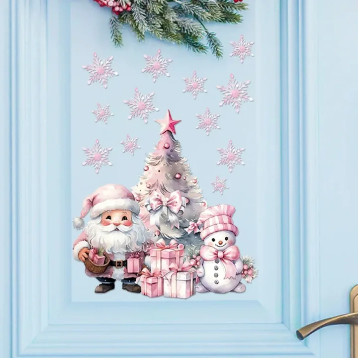 Pink Christmas Snowman Santa Claus Wall Sticker New Year Glass Window Decoration Mural Room Home Decor Electrostatic Decals