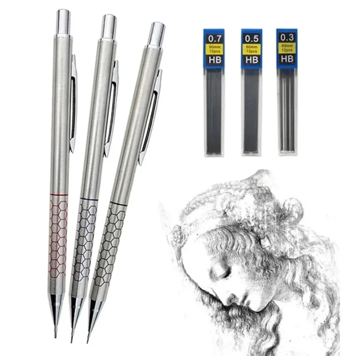 0.5 0.7 0.9mm Metal Mechanical Pencil with Eraser Set HB Lead Art Sketch Drawing Supplies Automatic Pencil Writing Stationery