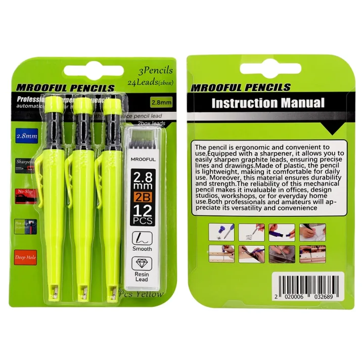 Professinonal Carpenter's Pencil Card Set, Deep Hole Marking And Drawing, With 2.8mm 2Box Leads, For Carpenters Engineering