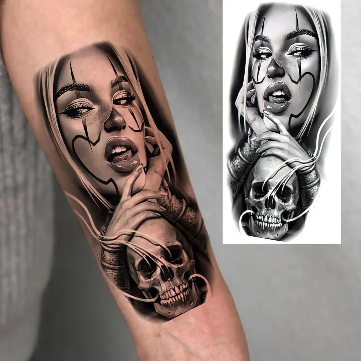 1 Sheet Evil Women Face Joker Mask Temporary Tattoos For Men Women Adults Waterproof Realistic Fake Tattoos Long Lasting Sticker