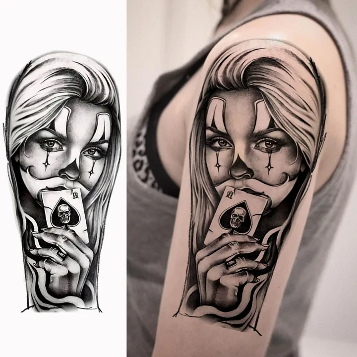 1 Sheet Evil Women Face Joker Mask Temporary Tattoos For Men Women Adults Waterproof Realistic Fake Tattoos Long Lasting Sticker