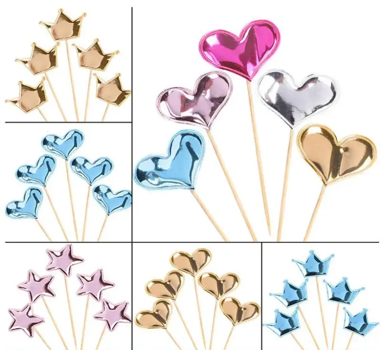 50/100PCS Cake Decoration Shiny Skin Reflective Heart Five Pointed Star Crown Birthday Dessert Table Baking Wedding Party