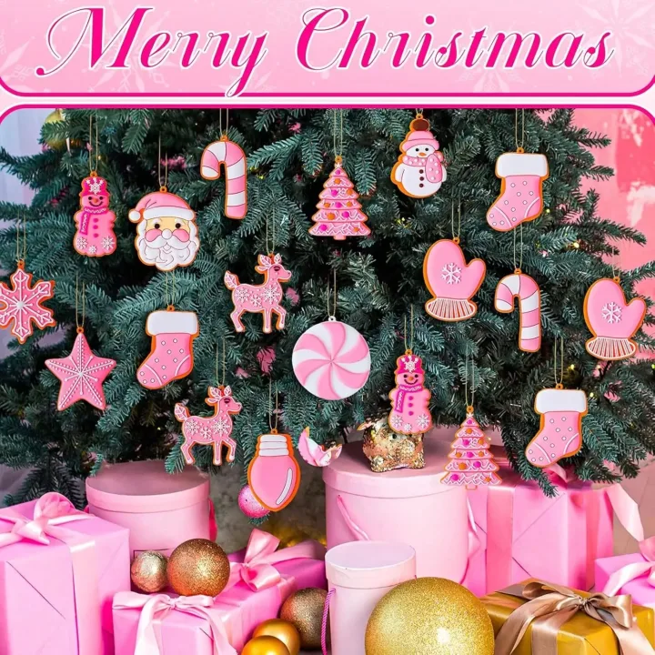 Pink Christmas Tree Ornaments Xmas Colorful Ball Gingerbread Snowflake Tree Decors Silicone Winter Gingerbread Hanging Decor