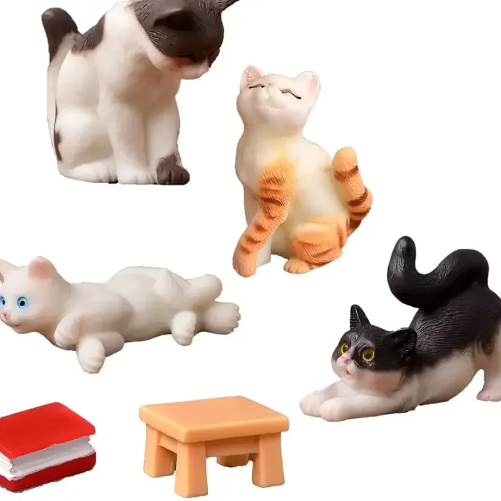 [6pcs Vintage Cat Figurines Decor] 6pcs Vintage Resin Miniature Cat Figurines, Fairy Garden Accessories Tabletop Craft Decor