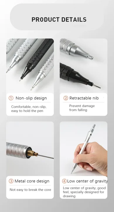 High Quality Metal Mechanical Pencils Set with Lead Refills Drafting Automatic Pencil 0.3, 0.5, 0.7, 2.0mm Pencil for Art Supply