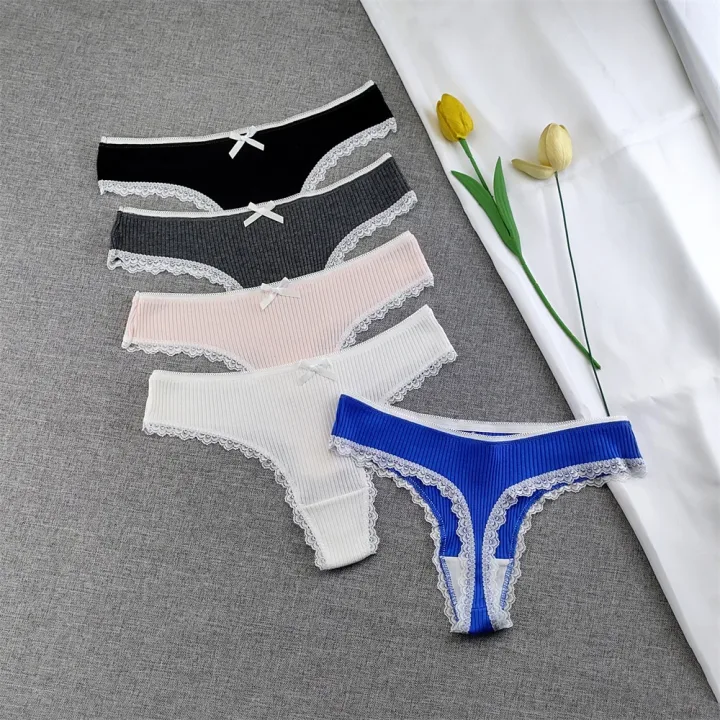 3Pcs/set Lace Trim Woman Ribbed Cotton Thong Sexy Low Rise Panties Plus Size Female Soft Underpants Lingerie S/M/L