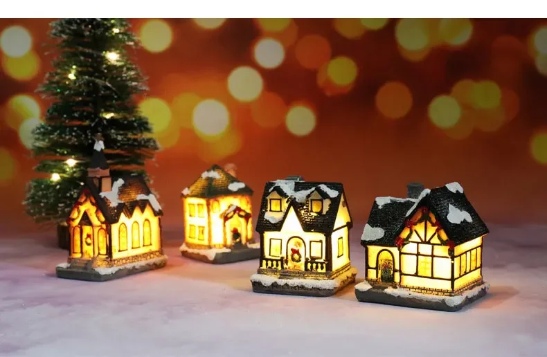 Christmas Decoration House LED Light Xmas Durable Ornaments Small Resin Mini House Miniature Village Building for Home Kids Gift