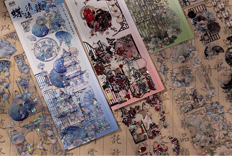 3pcs Chinese style Bronzing flat Stickers Creativity Decorative Stick Labels Diary Album Scrapbooking material Craft Supplies