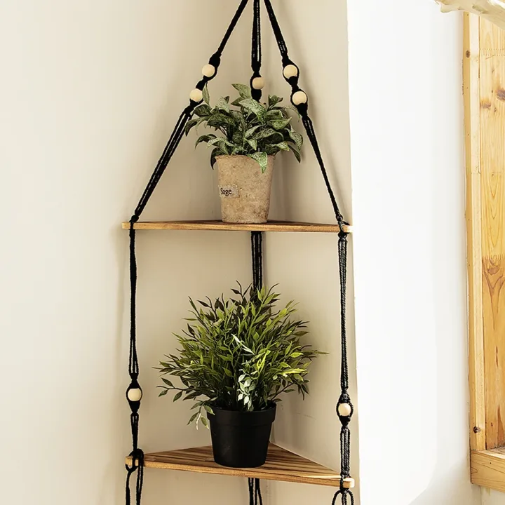 Wooden Corner Shelf Wall Decor Pot Storage Display Stand Macrame Floating Shelf Wall Organizer Boho Room Nordic Home Decoration