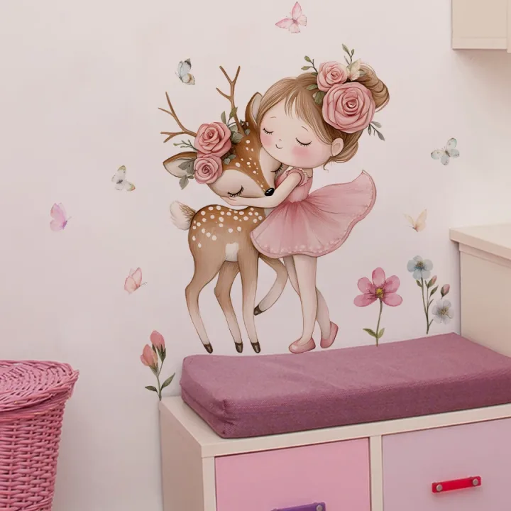 Cartoon Girl With Deer Wall Decal Woodland Animal Bedroom Decor Waterproof Peel-Stick Home Art For Playroom Wall Art Decals