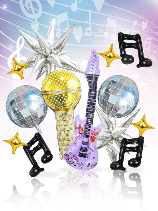 24pcs pop music guitar party balloon set, microphone & purple guitar & disco 4d ball & black musical note & star balloon