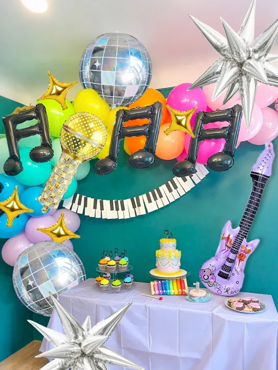 24pcs pop music guitar party balloon set, microphone & purple guitar & disco 4d ball & black musical note & star balloon