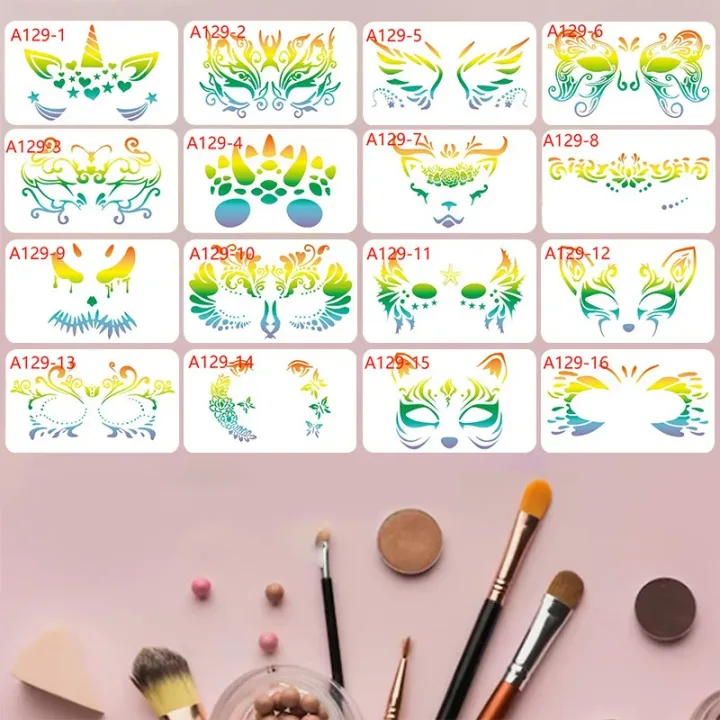 16pcs Reusable PET Face Painting Stencils, Assorted Designs for DIY Makeup,Costume Parties, Washable Stencils for Painting