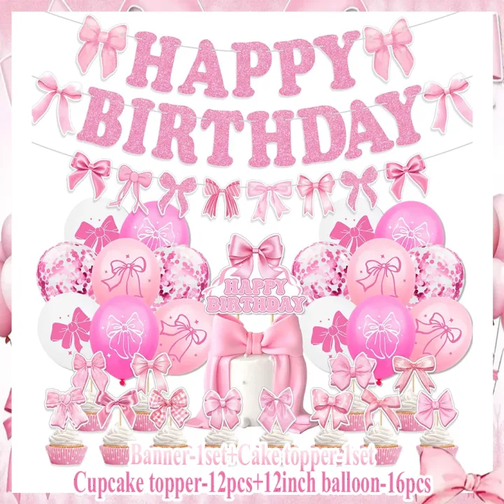 Pink Bow Theme Girl's Birthday Party Supplies Tableware Coquette Bow Tie Balloon Plate Cup Backdrop Banner Baby Shower Supplies