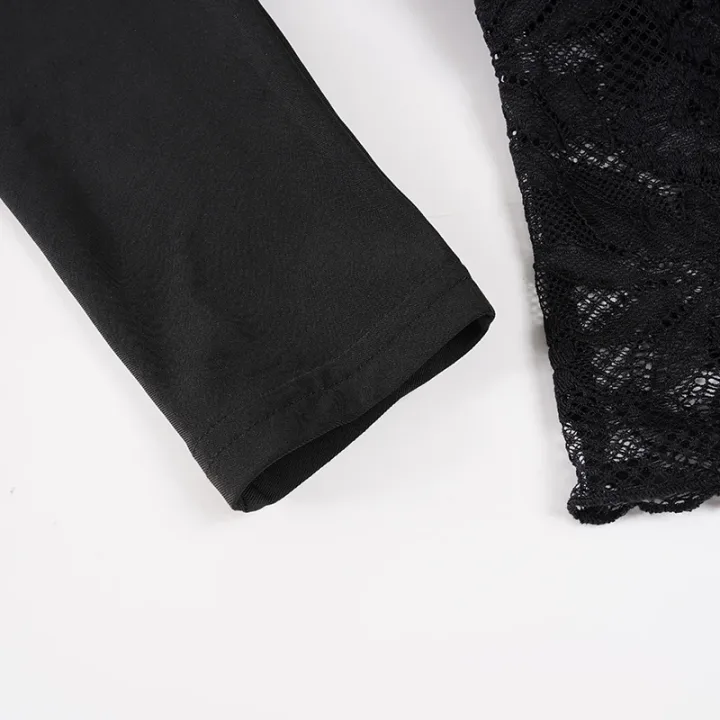 Elegant Patchwork Lace T-Shirt See Through Slim-Fitting Crew Neck Off-Shoulder Long Sleeve Tees Women 2025 Autumn Winter Fashion