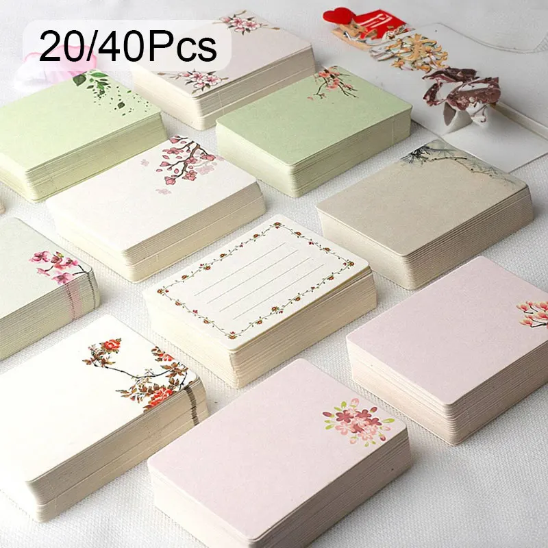 20/40Pcs Blank DIY Card Chinese Style Paper Small Card Word Flower Pattern Greeting Card For Graffiti White Kraft Paper