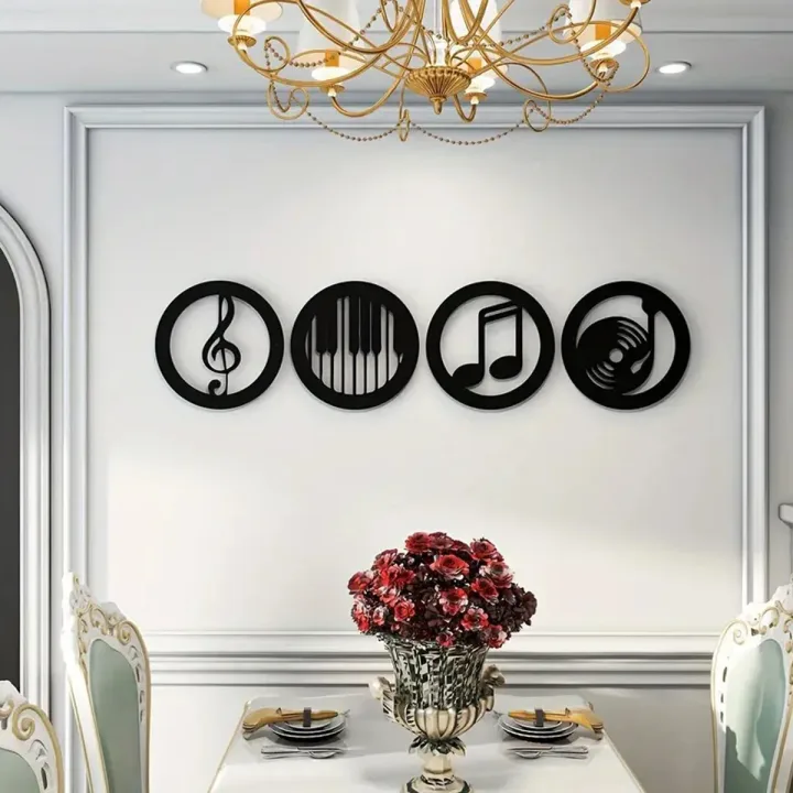 4 Pcs Wood Wall Art Decor, Musical Note, Piano Silhouette, Gifts for Music Lovers, Birthday Presents for KTV, Recording Studio