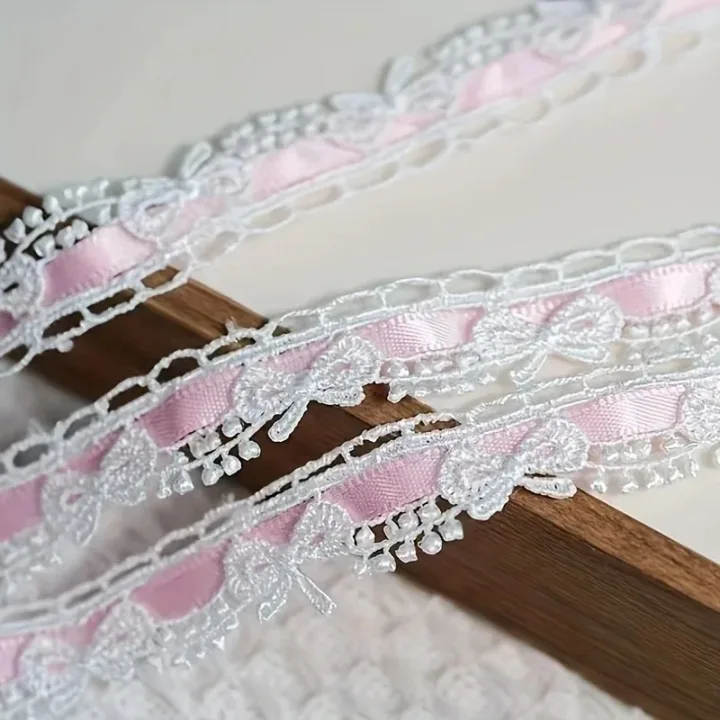 1.8cm Wide Pink And White Flower Bow Ribbon 1 Yard Lace Trim for DIY Crafts Gift Packaging Sewing Edges And Decorative Use