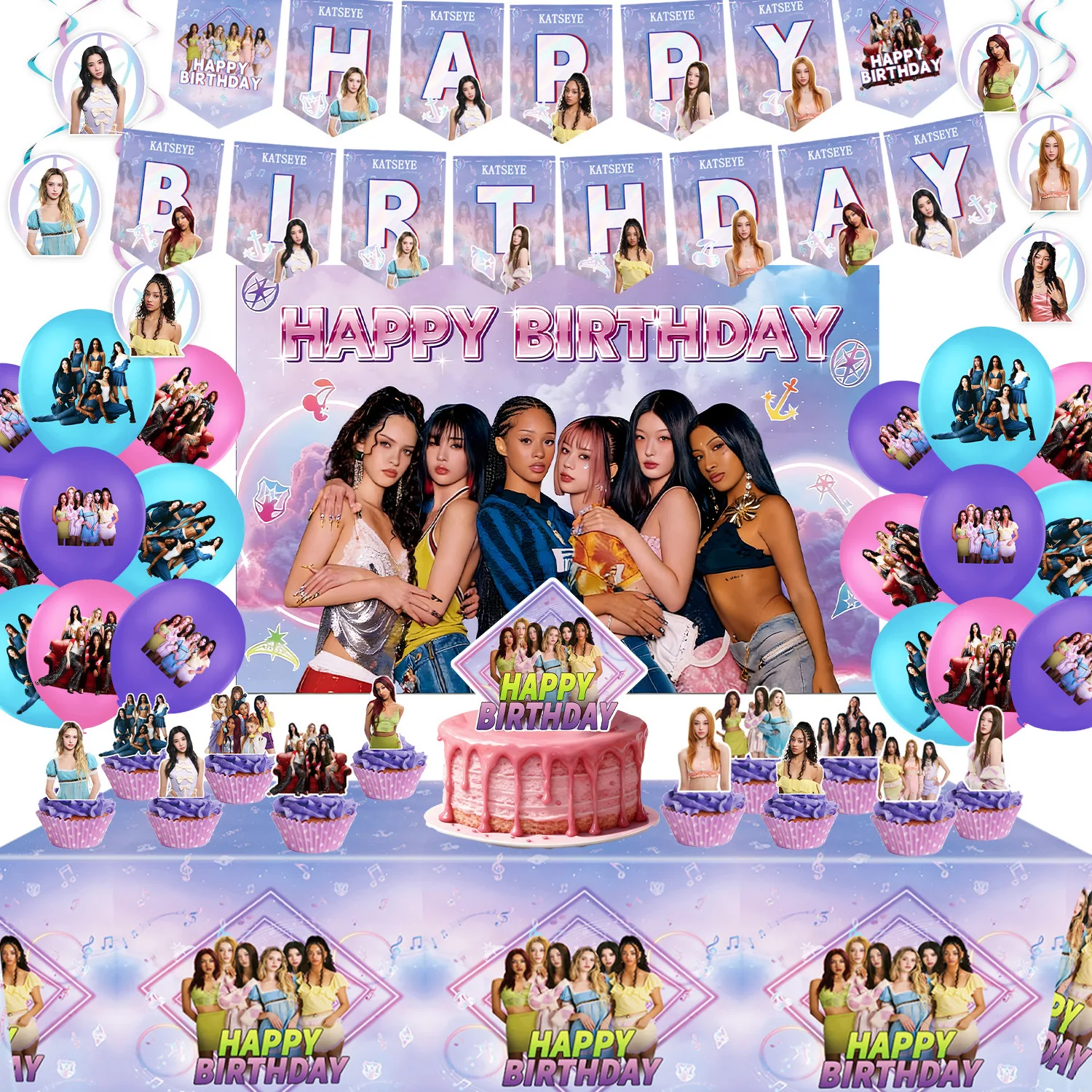 K-Katseye Birthday Decoration Kpop Girl Group Napkin Balloon Cup Plate Tablecloth Banner For Girls Festival Party Fans Gift