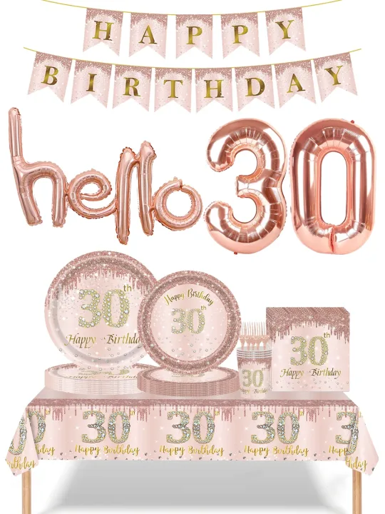 30th Birthday Party Supplies Plates Napkins Cups Tablecloth Rose Gold Number 30 Balloon Women Her Happy 30th Birthday Decoration