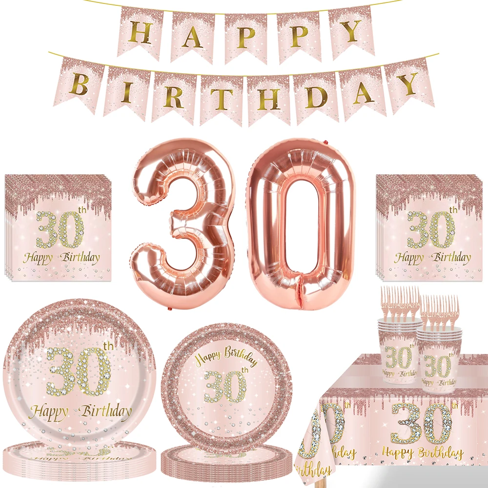 30th Birthday Party Supplies Plates Napkins Cups Tablecloth Rose Gold Number 30 Balloon Women Her Happy 30th Birthday Decoration