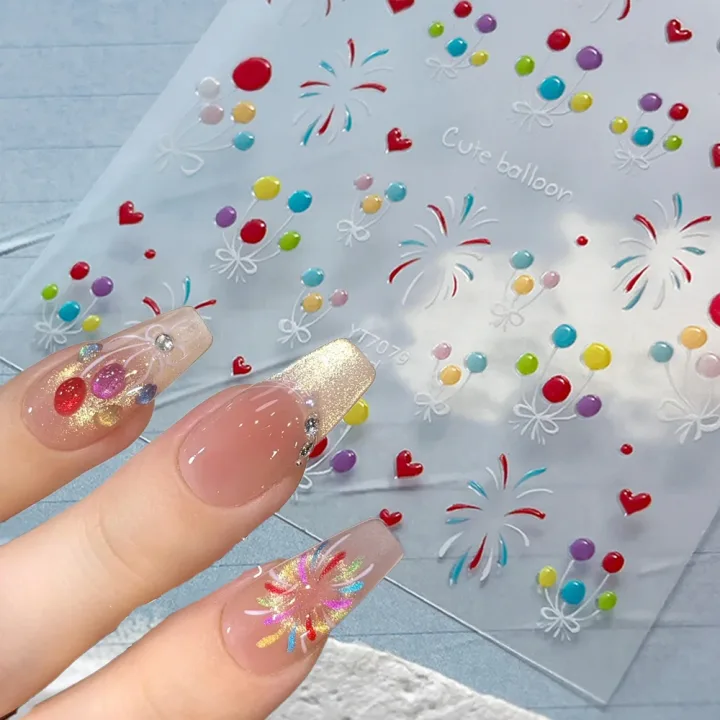 5D Colorful Balloon & Firework Nail Stickers Cute Cartoon Hearts Bow Jelly Finish Nail Decals Festival Party Manicure Decoration