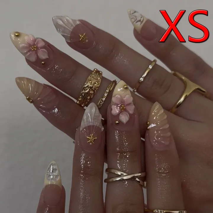 y2K 10PCS Hand Made Press On Nail-Short Almond Glue On Nails-Tropical Flowers Starfish And Golden Pearls Press One As gifts