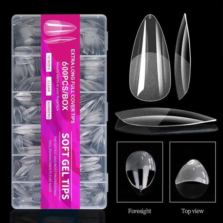 100/600Pcs Short Almond Nail Tips Soft Gel Nail Tips Full Cover False Nail Tips For Acrylic Nails Salon Home Press On Nails
