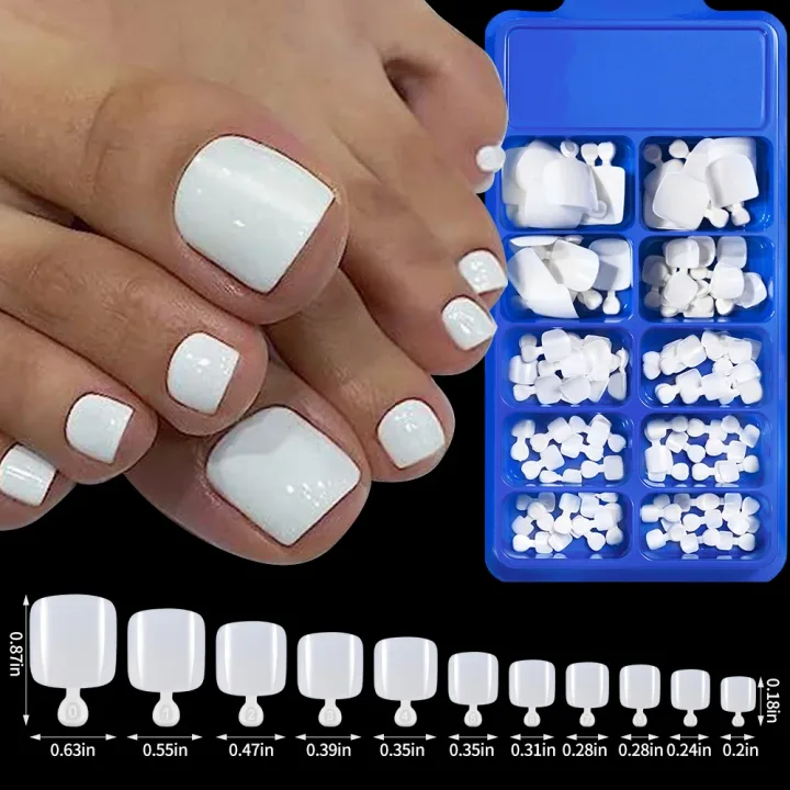 100Pcs White Short Square Flase Toenails Summer Press On Toes Full Cover Tips Pure Color Acrylic Artificial Wearable Toenails*8K