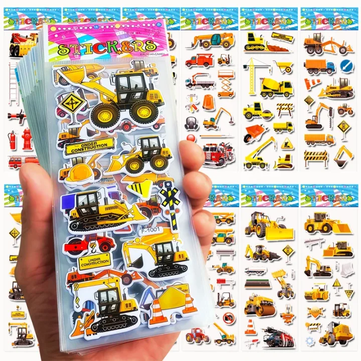 10 Mixed Packs Kids Stickers Puffy Bulk Stickers for Girl Boy Birthday Gift Scrapbooking Cartoon Engineering Vehicle Stickers