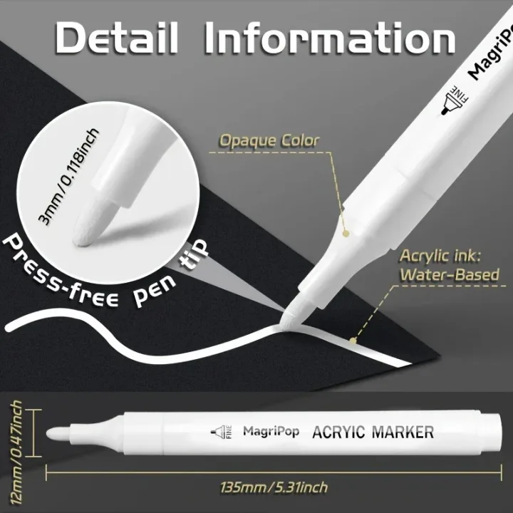 White Acrylic Marker,Permanent Pen Art Supplies for Black Paper,Tire,Plastic,Stone,Metal,Painting for Artists,Beginners
