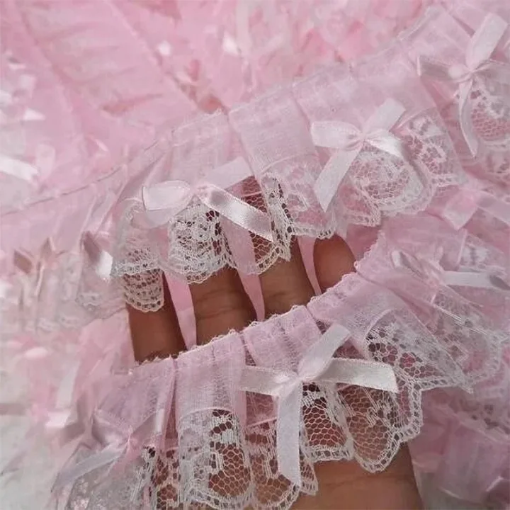 1 Yard Pink Bow Embroidery Lace Fabric Trim DIY Clothing Decoration Home Supplies Accessory 5CM Wide