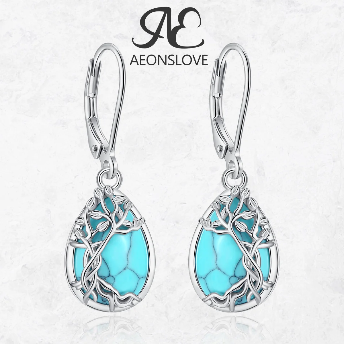 AEONSLOVE 925 Sterling Silver Tree of Life Turquoise Earrings for Women Original Teardrop Dangle Earrings Hypoallergenic Jewelry
