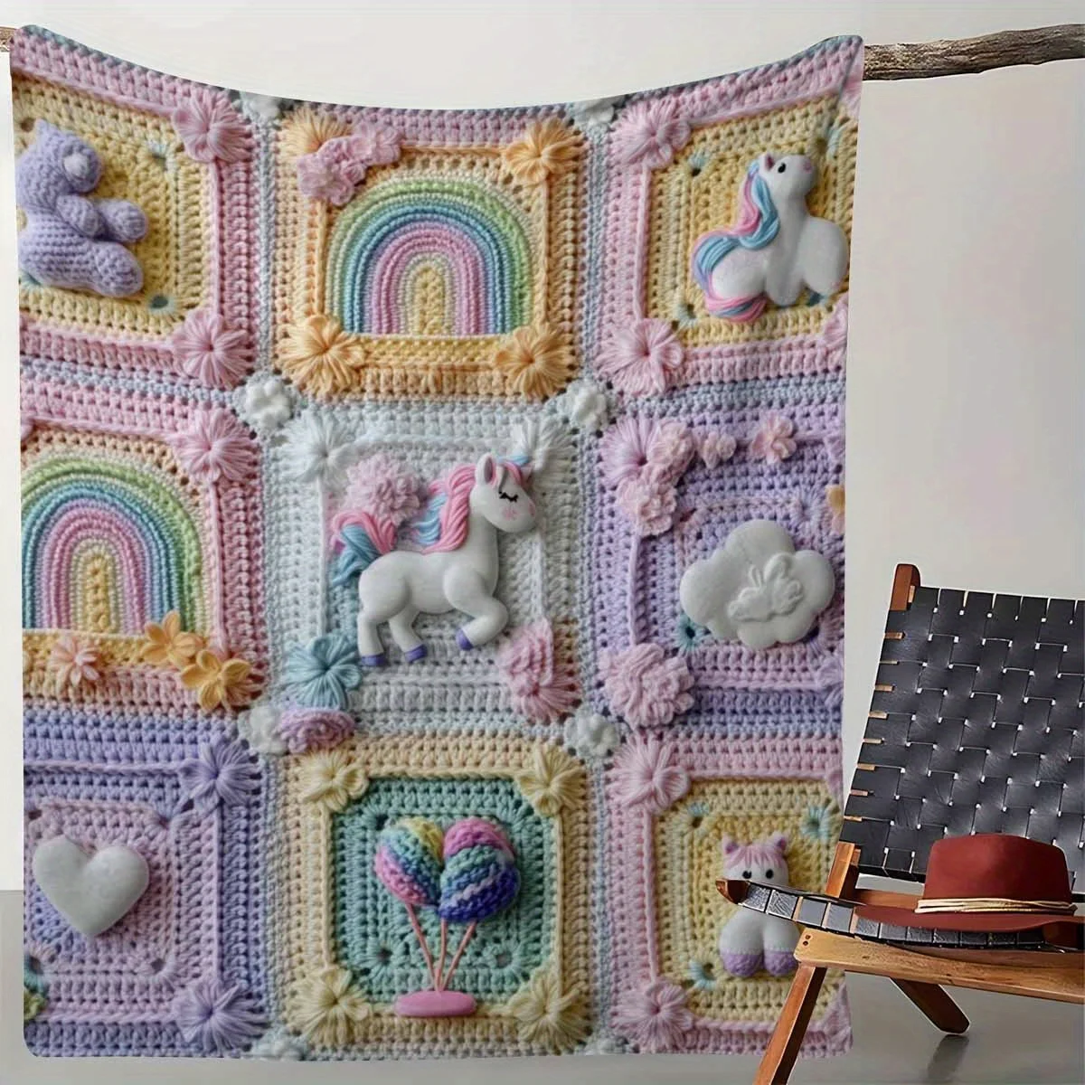 Crochet Blanket, Magritte Square Design, Soft Polyester Throw, Perfect Travel Shawl, Cozy Gift for Home, Vibrant 2D Printed Blanket