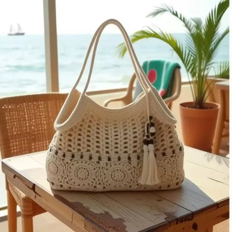Crochet Tote Bag, White Openwork Knit Purse, Bead Fringe Charm, Adjustable Long Straps, Boho Beach Bag, Summer Market Tote, Women's Handbag